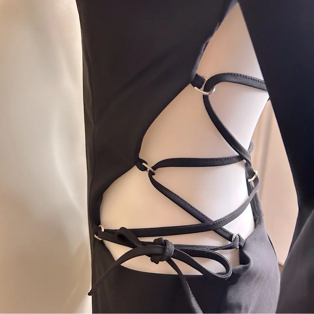 ZARA NWT Black Open Back Tall length Lace Up Strappy Long Sleeve Mini Dress - Picture 4 of 11
